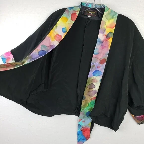 Invisible World Alaska Kimono Jacket 100% Silk Hand Painted Black size M Relaxed - Picture 12 of 14